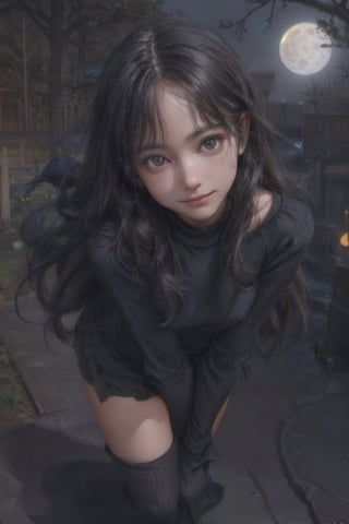 ((1 teen girl, only, Smile, Look at the viewer,)) long dark hair, light blue eyes, ((with a black long sweater, black miniskirt, bare thighs, with a very dark purple witch hat that makes a shadow over her face,)) ((black wool socks)), ((full body)), ((walking with a Halloween pumpkin in his arms through a gloomy cemetery at night,)) illuminated by small lantern pumpkins, ((a full moon and trees with twisted branches without leaves,)) (Masterpiece, Best quality), (Beautiful finely detailed eyes), (finely detailed eyes and detailed face), (landscape: 1.2), (Extremely detailed CG, Ultra detailed, Best shadow) , Beautiful conceptual illustration, (illustration), (extremely fine and beautiful), (Perfect details), (Depth of field),Cowboy shot