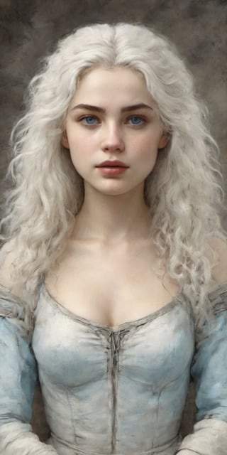 (1cute 20 years old girl), focus in body, front view, looking at viewer, very long white curly hair blowing in the wind, some strands on her face, light blue eyes, serene face and gaze, wearing a armor and winter fur cape. White skin, White skin, snowy mountains and stormy gray sky background, splash art, eye_detail, background_detail, face_detail, hair_detail, more_detail, add_detail, adddetailed, cute_face, ,ink ,on parchment,charcoal drawing,halsman