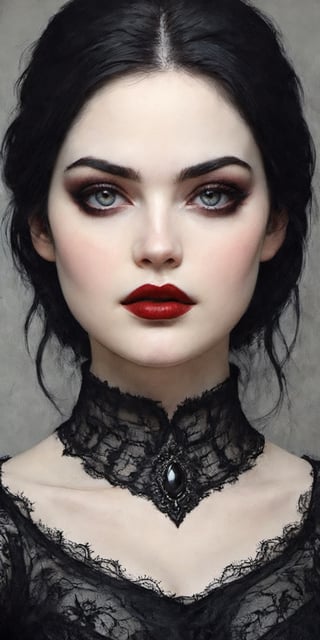 a gorgeous gothic girl, ominous, beautiful face, beautiful features, glowing bright gray eyes, seductive, pale skin, black eyeshadow, red lipstick, thick eyelashes, beautiful black hair, dark red jewelry, wearing a black intricate detailed dress, long fingernails, black background, red linework around the character, thick line art, drapery dress, dark red cloak, looking down at the viewer, cowboy shot portrait,