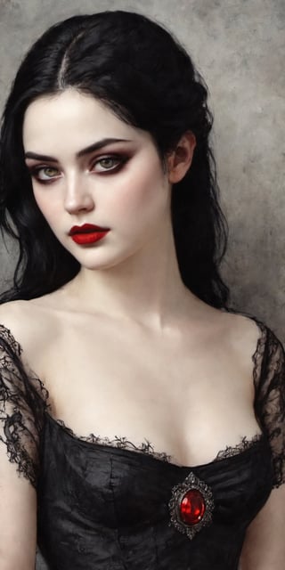 a gorgeous gothic girl, ominous, beautiful face, beautiful features, glowing bright gray eyes, seductive, pale skin, black eyeshadow, red lipstick, thick eyelashes, beautiful black hair, dark red jewelry, wearing a black intricate detailed dress, long fingernails, black background, red linework around the character, thick line art, drapery dress, dark red cloak, looking down at the viewer, close up portrait,