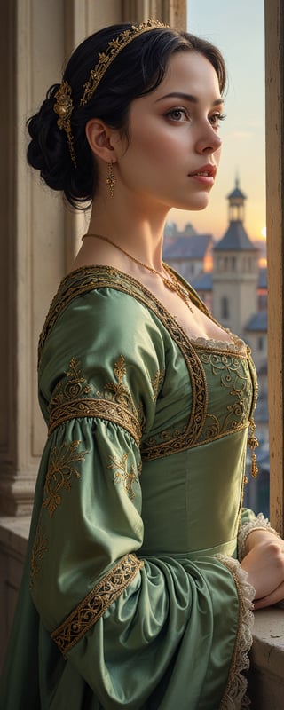 masterpiece, hyper-detailed, photorealistic, ultra photoreal, cinematic Light, renaissance woman, in16th century style dressed, medium shot image, a lady looking away, black hair. background of a sunset from the window of a palace, 16th century white and green clothes with intricate details and ornaments, ultra realistic details, photorealistic, realistic skin texture,itacstl