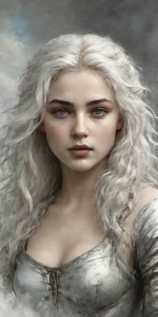 (1cute 20 years old girl), focus in body, front view, looking at viewer, very long white curly hair blowing in the wind, some strands on her face, light blue eyes, serene face and gaze, wearing a armor and winter fur cape. White skin, White skin, snowy mountains and stormy gray sky background, splash art, eye_detail, background_detail, face_detail, hair_detail, more_detail, add_detail, adddetailed, cute_face, ,ink ,on parchment,charcoal drawing,halsman