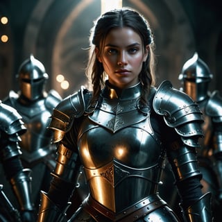 Masterpiece, high resolution image of intricate details, medieval fantasy, a medieval woman knight in iron armor, in front of the king's knights, in the courtyard of a castle,armor,royal,pauldron,noble,divine