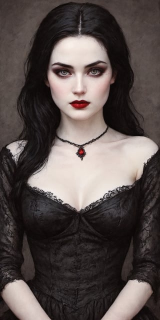 a gorgeous gothic girl, ominous, beautiful face, beautiful features, glowing bright gray eyes, seductive, pale skin, black eyeshadow, red lipstick, thick eyelashes, beautiful black hair, dark red jewelry, wearing a black intricate detailed dress, long fingernails, black background, red linework around the character, thick line art, drapery dress, dark red cloak, looking down at the viewer, cowboy shot portrait,