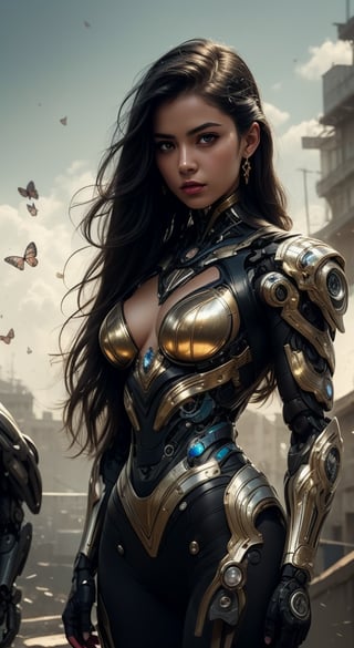 a beautiful young girl cyborg with long black hair, futuristic, scifi, intricate, elegant, highly detailed, majestic, greg rutkowski, surreal gold filigree, broken glass, (masterpiece, sidelighting, finely detailed beautiful eyes: 1.2), hdr, realistic painting , natural skin, textured skin, closed mouth, gray eyes, butterfly filigree, chest armor, eye makeup, robot joints, long hair moved by the wind,