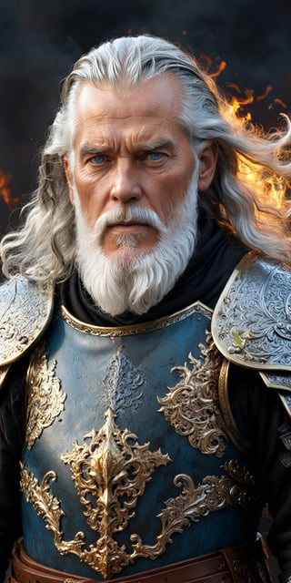 Generate hiper realistic half body portrait of a 60 year old man, wearing a very tight intricately detailed dark iron armor adorned with golden filigree, over a black clothes, With a large leather belt with a medieval sword sheathed, , standing, long white hair blowing by wind, light blue eyes, with a thick white beard, a serene look and gesture, hyper detailed, captured from a full height rear view , digital photography, Canon R5 85 mm f8 lens, 64k, UHD, HDR (high quality), ((Dark fantasy image)), photorealistic, vibrant and ultra-detailed colors. dark background,fire element,DonMW15pXL