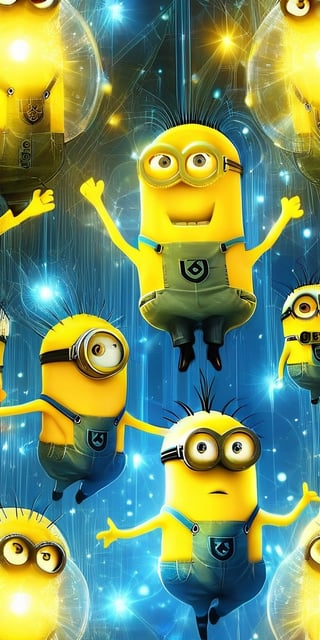 Ultra detailed illustration of the silhouette of Minions of Despicable Me, phantasmagorical figure, (((translucent skin:1.5))), (((translucent body:1.5))), Yellow (and) Blue lights, light particles, colorful, cmyk colors, backlit,  neon photography style.,DonMM4g1cXL 
