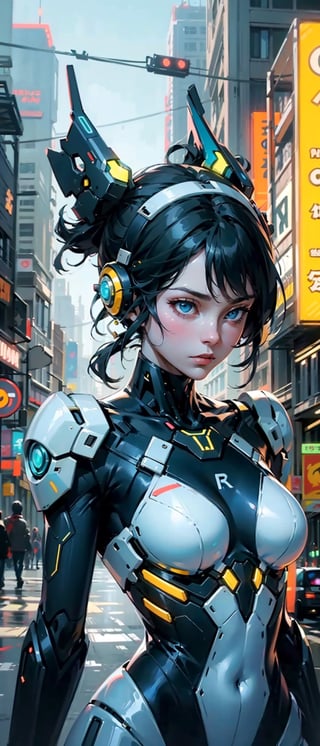 Beautiful robotic woman, futuristic city, her body perfect blend of organic and artificial