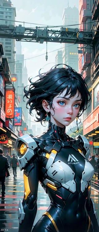 Beautiful robotic woman, futuristic city, her body perfect blend of organic and artificial