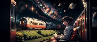 "Imagine a stunning woman seated in a retro train, nestled by a large window. She exudes beauty in her comfy attire. The train floats through the vastness of space, with a breathtaking galaxy visible outside. Countless stars twinkle, painting a mesmerizing scene. In the distance, an outer space train station comes into view. An astronaut and satellite dot the cosmic horizon. In the background, a group of passing astronauts adds to the allure. This artwork should capture a comfortable and fantastical atmosphere, blending the worlds of retro and space seamlessly."
