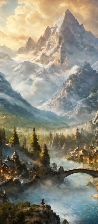 Creating a cool phone wallpaper: A stunning woman embarking on an epic adventure, A village, a lake, a forest, and a mountainous terrain, The sky adorned with a flying dragon, Inspired by the game Skyrim's fantasy world,Movie Still,steampunk style,EpicSky,6000