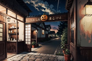 ((A lonecsmall cafe with its own sign in the doorway saying it is open near crossing)), traffic, river, ((night)), ((beautiful sky full star)), ((theme 70s)), ((Halloween decorations)), Narashige Koide, Urban, Decopunk, Japanese Horror, tilt shift photo, hyper realistic, digital rendering, arts and crafts movement, pinterest, oishii-oshiri-cafe, complex_background, 
