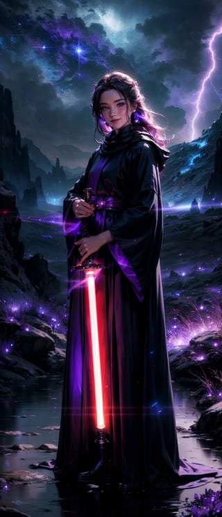  (A beautiful Jedi lady with long flowing hair, adorned in dark robes and armor, stands confidently in an ethereal landscape), (her body glowing with an aura of dark energy). (She turns her head to the side), (revealing a confident smile). (Her fingers are wrapped around the hilt of a crimson-colored lightsaber). (Lightning crackles around her, illuminating the scene). (The ground beneath her feet is littered with small crystals), (each one emitting a soft, otherworldly glow). (The sky above her is a swirling mix of purple and blue hues), (casting an otherworldly light upon the scene). (In the distance, the glint of a nearby star port signals the presence of advanced technology). 
