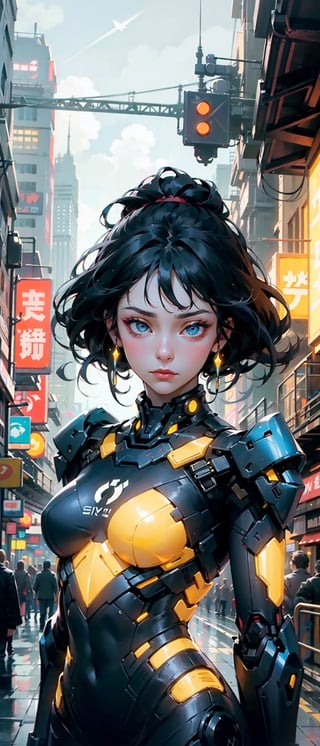 Beautiful robotic woman, futuristic city, her body perfect blend of organic and artificial,3DMM