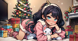 (((adorable, cute, kawaii)), A young, raven-haired woman in her early twenties wearing a cozy pink pajamas and skirt, her plush bunny slippers planted firmly on the carpeted floor. She leans against a fluffy white pillow, her body slightly hunched over as she focuses intently on the television screen. ((Xmas tree)),The light from the television casts an eerie glow across her face, emphasizing her large, expressive eyes and pouty lips. Her long, lush eyelashes are visible even in the dim light, and her cheeks are flushed with a light blush. Her oddball hours are apparent in the late-night hour shown on the clock hanging on the wall behind her. The scene takes on a slightly NSFW tone as the viewer notices that the bottom hem of her onesie is riding up, revealing a sliver of her lacy black underwear., dari rok nya celana dalam sedikit terlihat , cute moe anime character portrait, adorable, featured on pixiv, kawaii moé masterpiece, cuteness overload, very detailed, sooooo adorable!!!, absolute masterpiece, natural beauty