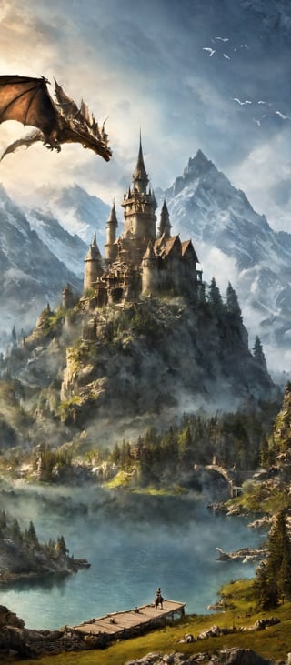 Creating a cool phone wallpaper: A stunning woman embarking on an epic adventure, A village, a lake, a forest, and a mountainous terrain, The sky adorned with a flying dragon, Inspired by the game Skyrim's fantasy world,Movie Still,steampunk style,EpicSky,6000