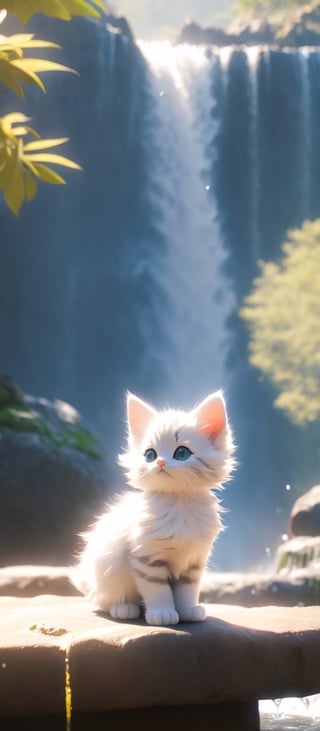 a kittens is sitting on a large statue rock in front of a waterfall and looking at the waterfalls, samikshavad, pinterest, Landscape, pexels, Adventure fantasy, Lost world, rayasi, picture, jigsaw puzzle, instagram, Sheela Gowda, simaura, stock photo, hurufiyya, ramanda, Tunga, screenshot, tumblr, digital rendering, Diagrammatic, Romantic fantasy, Xianxia, Ramkinkar Baij, unsplash, Figurative, sumatraism, Life, Fabulation, priysantheme, Photorealism, N. S. Harsha, nurugai, regionalism, naturalism, Deng Shiru,Xxmix_Catecat