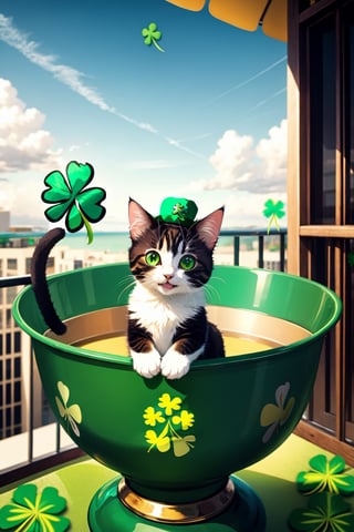 outdoors, sky, day, animal, mammal, cat, kitten:1.4, no humans,(St. Patrick's Day celebration:1.4), plant, balcony, hat, cute, adorable, playful, happy, curious, adventurous, floating