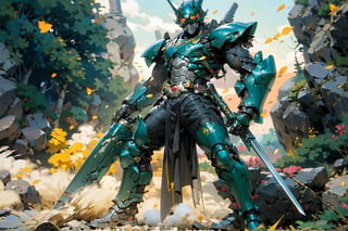 a Kamen rider dressed in mech armor holding a minigun, inspired by Li Chevalier, shutterstock, mechanized soldier, pvc armor, black full plate armor, full plate armor with cloth, green armor, pale black armor, full body plated armor, legendary armor, full-body armor,Kamen_Rider_Black_RX