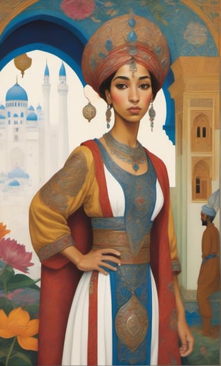 arthur Szyk  painting style, a girl in an orientalist environment, heram, standing