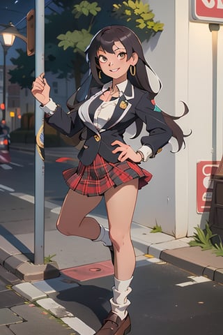 ((masterpiece,best quality, detailed)), 1girl, solo, outdoors, street, fighting stance, serious, night,
ryofu housen, magatama earrings, blazer, plaid skirt, loose socks, loafers, single earring, smile, parted lips, white socks, cleavage, clenched hands, hand up,mano aloe