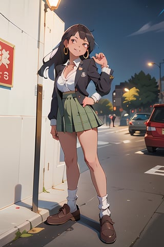 ((masterpiece,best quality, detailed)), 1girl, solo, outdoors, street, fighting stance, serious, night,
ryofu housen, magatama earrings, blazer, plaid skirt, loose socks, loafers, single earring, smile, parted lips, white socks, cleavage, clenched hands, hand up,mano aloe