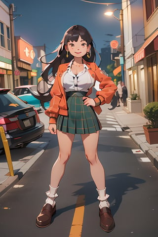 ((masterpiece,best quality, detailed)), 1girl, solo, outdoors, street, fighting stance, serious, night,
ryofu housen, magatama earrings, blazer, plaid skirt, loose socks, loafers, single earring, smile, parted lips, white socks, cleavage, clenched hands, hand up,mano aloe