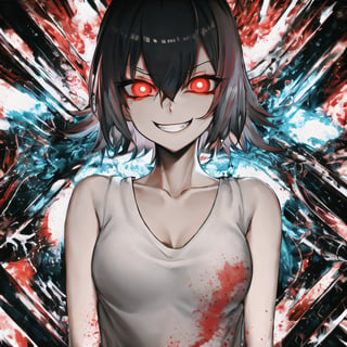 masterpiece, best quality, 1girl, upper body, shirt, black hair, red eyes, abstract, solo_female, glowing eyes, chaos, psycho, enjoyment, smirk