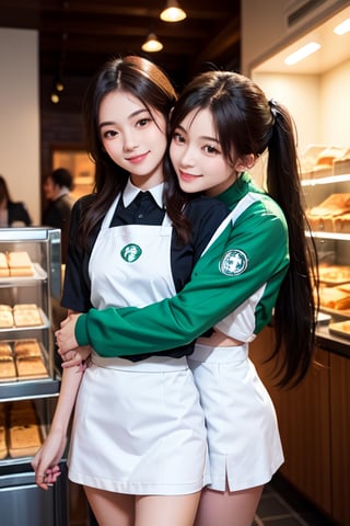(masterpiece, best quality, ultra-detailed:1.2), 2 sisters, one with ponytail, another with long hair hugging together happily, smile sweetly facing the camera on a bakery shop, wearing starbucks sexy short uniform skirts, 