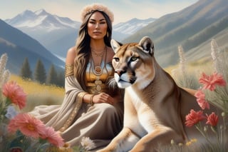 Cheyenne Squaw in Ceremonial gear with her pet mountain lion, in a resting pose, looking at the camera, in a mountain vista full of flowers, frontal shot, hand-drawn watercolor, muted tones, flowers everywhere, hyper realistic, golden ratio