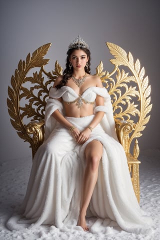  , Snow_Angel, Frozen, ((best quality)), ((masterpiece)), ((realistic)), ((18-year-old girl as a snow angel princess in a fantasy golden throne room, frozen, mystic fog, frost flowers)),{{blowjob}} ,{{cum}} ,In the grandeur of a throne room, an 18-year-old girl embodies the enchantment of a snow angel princess. Adorned with elegant earrings, intricate jewelry, and a tribal tattoo, she exudes a sense of regality and grace. Her flowing hair, infused with a radiant glow, cascades around her, accentuated by an ethereal ice hair ornament and a necklace fashioned from glistening ice. 