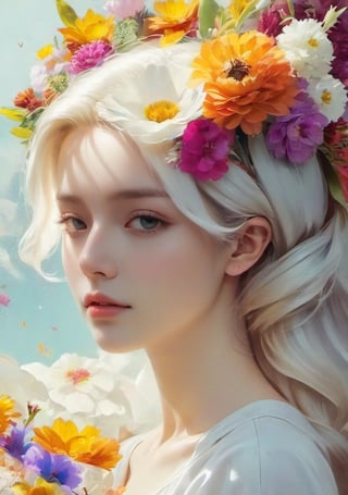 portrait, woman, floral dress, head full of colored flowers, wings background, floral visor, white theme, dfdd, niji5