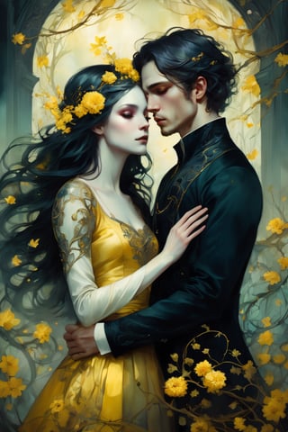 art by Anna Dittmann Insanely detailed of an elaborate beautiful gothic vintage couple of lovers embracing :: eternal love :: wired clothing :: yellow flowers luminism, WLOP greg rutkowski, craola, romantic, mystical, cute, fantasy, flowers, tree branches, complex background, dynamic lighting, lights, digital painting, intricated pose, highly detailed, cute, filigree, intricated