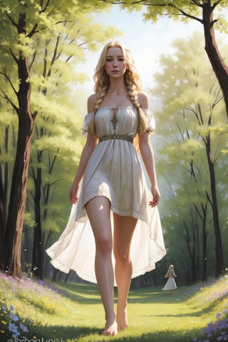 Portrait of a 25-year-old girl with long blonde hair, dressed in a dress made of light material, barefoot, standing in a meadow among flowers, looking down,
 brom's art, depiction of an epic fantasy character, portrait of a character, fantasy art, works by Richard Schmid, A.Mukha, Volegov, impressionism