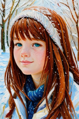 Medium portrait of a girl, Winter landscape, a perfect face, freckles, Green Eyes, redhead hair, slight smile, golden hour character portrait (oil painting):1,4, visible paint strokes, Impasto, Perfect composition, (snowfall), snowy evening , ((impressionism))