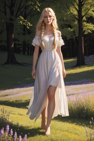 Portrait of a 25-year-old girl with long blonde hair, dressed in a dress made of light material, barefoot, standing in a meadow among flowers, looking over eyewear,
 brom's art, depiction of an epic fantasy character, portrait of a character, fantasy art, works by Richard Schmid, A.Mukha, Volegov, impressionism