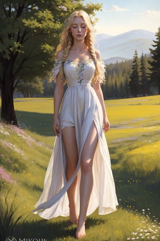 Portrait of a 25-year-old girl with long blonde hair, dressed in a dress made of light material, barefoot, standing in a meadow among flowers, eyes closed,
 brom's art, depiction of an epic fantasy character, portrait of a character, fantasy art, works by Richard Schmid, A.Mukha, Volegov, impressionism