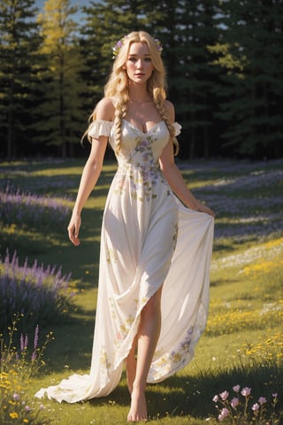 Portrait of a 25-year-old girl with long blonde hair, dressed in a dress made of light material, barefoot, standing in a meadow among flowers,  action packed,

 brom's art, depiction of an epic fantasy character, portrait of a character, fantasy art, works by Richard Schmid, A.Mukha, Volegov, impressionism