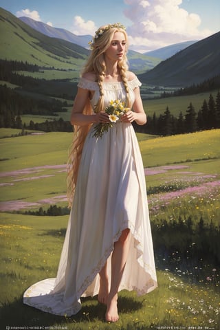 Portrait of a 25-year-old girl with long blonde hair, dressed in a dress made of light material, barefoot, standing in a meadow among flowers, looking up,
 brom's art, depiction of an epic fantasy character, portrait of a character, fantasy art, works by Richard Schmid, A.Mukha, Volegov, impressionism