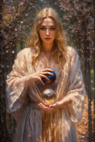 portrait of a sorceress with a magic ball on a trail in the mountains, 8k art photography, character portrait, composition, confident soft impressionist, perfect composition, delicate face, energetic strokes, facial details, fantastic face, framing, golden ratio, highly detailed, hyperdetalized digital painting, insanely detailed, complex, masterpiece, genuine leather, perfect composition, perfect face, photorealistic concept art, photorealistic, soft natural volumetric cinematic ideal light, staged visualization of characters, ultra-high quality model, ultra-high quality model