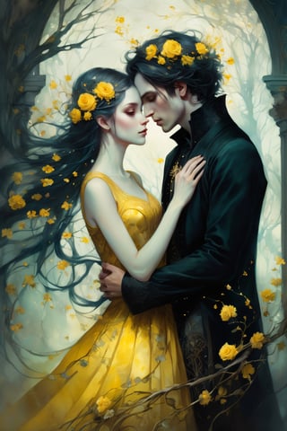 art by Anna Dittmann Insanely detailed of an elaborate beautiful gothic vintage couple of lovers embracing :: eternal love :: wired clothing :: yellow flowers luminism, WLOP greg rutkowski, craola, romantic, mystical, cute, fantasy, flowers, tree branches, complex background, dynamic lighting, lights, digital painting, intricated pose, highly detailed, cute, filigree, intricated