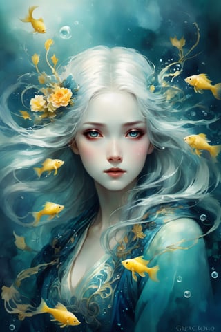 art by Anna Dittmann beautiful:: a muse of beauty, Queen of the Sea Mu Yanling, long flowing white hair, blue yellow fish, water flowing around, young female face, liquid magic, bubbles, water drops, seahorse luminism, WLOP greg rutkowski, craola, romantic, mystical, cute, fantasy, flowers, tree branches, complex background, dynamic lighting, lights, digital painting, intricated pose, highly detailed, cute, filigree, intricated