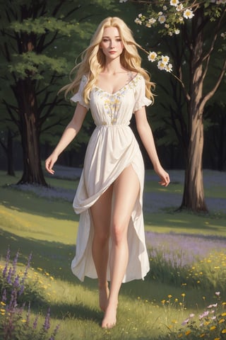 Portrait of a 25-year-old girl with long blonde hair, dressed in a dress made of light material, barefoot, standing in a meadow among flowers, eye contact,
 brom's art, depiction of an epic fantasy character, portrait of a character, fantasy art, works by Richard Schmid, A.Mukha, Volegov, impressionism
