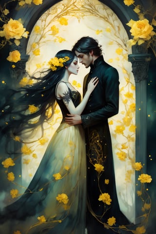 art by Anna Dittmann Insanely detailed of an elaborate beautiful gothic vintage couple of lovers embracing :: eternal love :: wired clothing :: yellow flowers luminism, WLOP greg rutkowski, craola, romantic, mystical, cute, fantasy, flowers, tree branches, complex background, dynamic lighting, lights, digital painting, intricated pose, highly detailed, cute, filigree, intricated