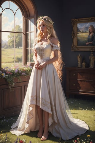 Portrait of a 25-year-old girl with long blonde hair, dressed in a dress made of light material, barefoot, standing in a meadow among flowers,looking into the window of the house,
 brom's art, depiction of an epic fantasy character, portrait of a character, fantasy art, works by Richard Schmid, A.Mukha, Volegov, impressionism
