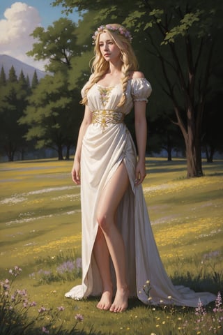 Portrait of a 25-year-old girl with long blonde hair, dressed in a dress made of light material, barefoot, standing in a meadow among flowers, Eye-Level Shot,
 brom's art, depiction of an epic fantasy character, portrait of a character, fantasy art, works by Richard Schmid, A.Mukha, Volegov, impressionism