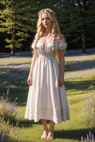 Portrait of a 25-year-old girl with long blonde hair, dressed in a dress made of light material, barefoot, standing in a meadow among flowers,  casual pose и posing,

 brom's art, depiction of an epic fantasy character, portrait of a character, fantasy art, works by Richard Schmid, A.Mukha, Volegov, impressionism