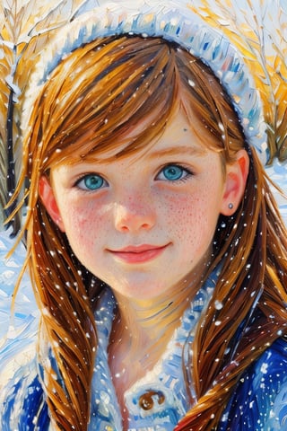 Medium portrait of a girl, Winter landscape, a perfect face, freckles, Green Eyes, redhead hair, slight smile, golden hour character portrait (oil painting):1,4, visible paint strokes, Impasto, Perfect composition, (snowfall), snowy evening , ((impressionism))