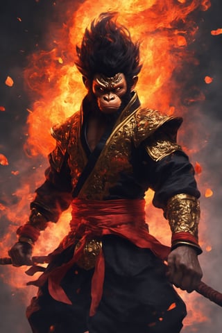 Cinematic a (Black Wukong:1.5), a monkey king wearing black monk clothes, (levitating:1.4, floating rock:1.4), ((anger's fiery fury)), colorful_aura:1.5, energy_flowing, angry vibe, dynamic pose, upper_body, Epic zenith, fantasy theme, Depth of field, Film Still, pretopasin, abstract, traditional media, casting spell, oni style,NightmareFlame,oni style