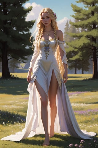 Portrait of a 25-year-old girl with long blonde hair, dressed in a dress made of light material, barefoot, standing in a meadow among flowers, eye contact,
 brom's art, depiction of an epic fantasy character, portrait of a character, fantasy art, works by Richard Schmid, A.Mukha, Volegov, impressionism